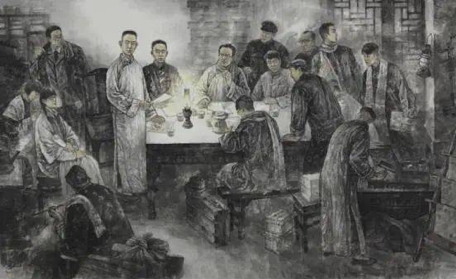 △以济南共产党早期组织的创始人王尽美、邓恩铭等为题材的国画《寒夜星火——1921·济南马克思学说研究会》,王磐德、周群 创作 △以济南共产党早期组织的创始人王尽美、邓恩铭等为题材的国画《寒夜星火——1921·济南马克思学说研究会》,王磐德、周群 创作